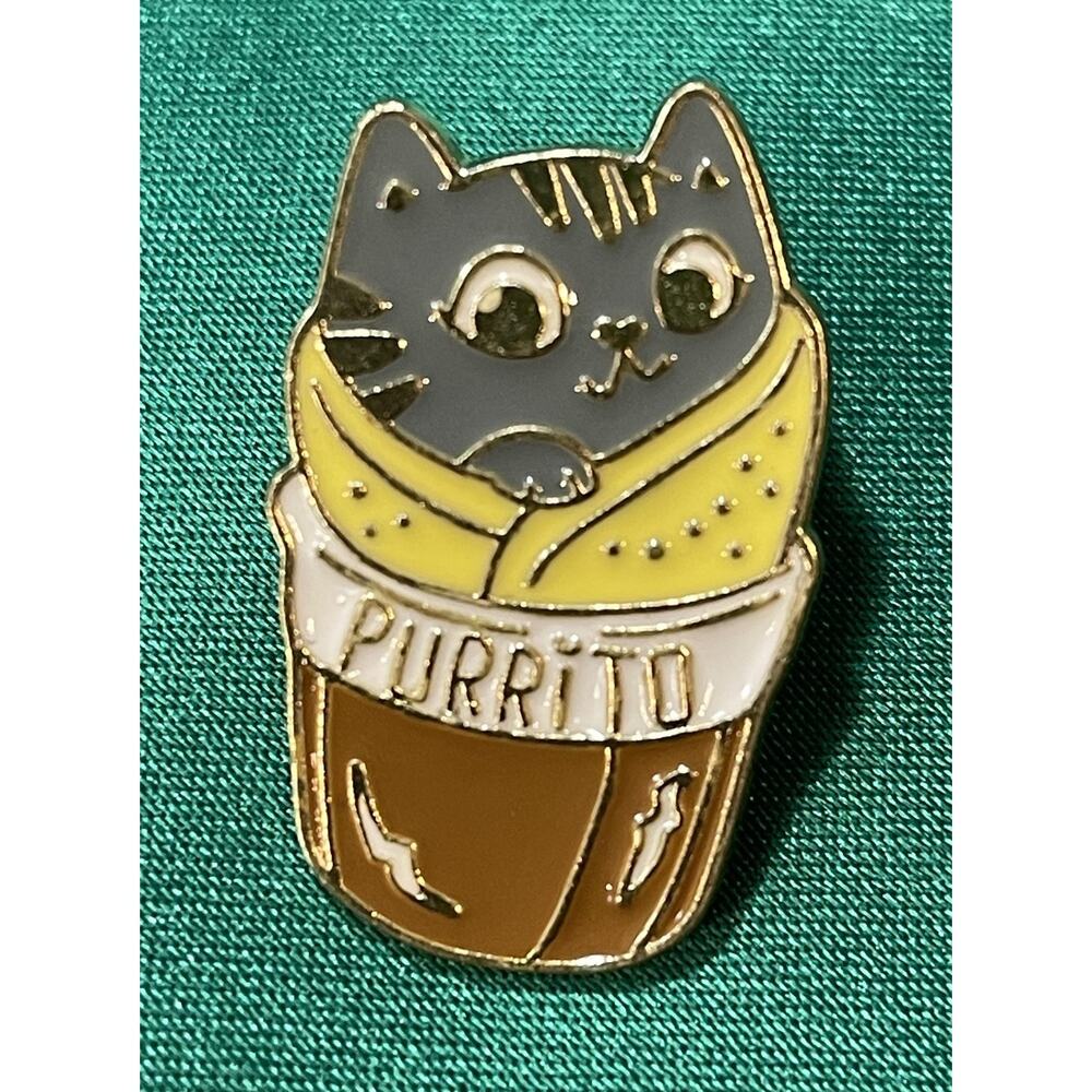 NWOT Purrito Burrito Cat Lapel Pin Gray Yellow Enamel Gold Toned Kawaii